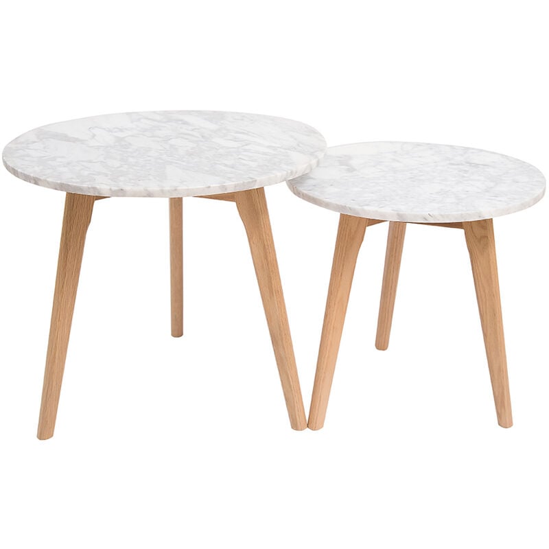 Harlow Round Nest Of Tables Oak-White Marble Top