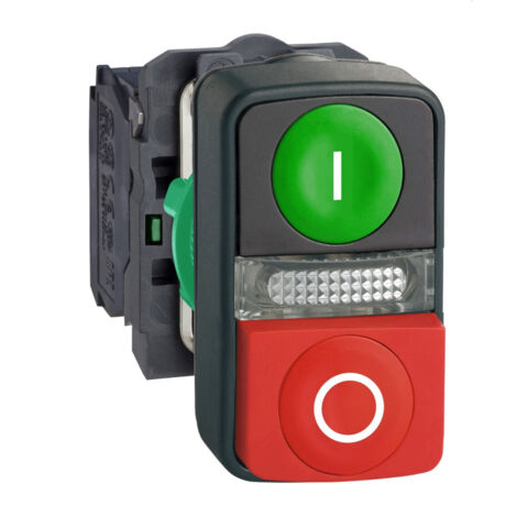 Harmony bt-pous Ø22 double touche, ressort rap vert+rouge, lum blanche 240V-IP66 - XB5AW73731M5