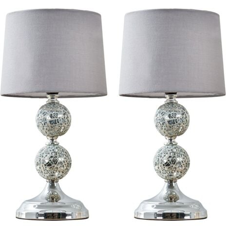 MINISUN Harmony Pair of Harmony Chrome and Mosaic Crackle Glass Table Lamps with Grey Shade