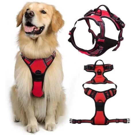 Harnais anti-traction pour chien – Rouge, réglable M, réfléchissant, avec attache avant et boucle de laisse – Idéal randonnée & voiture
