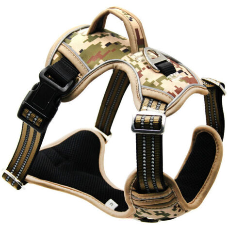 Harnais anti-traction pour chien taille M – Camouflage marron – Nylon oxford respirant – Réglable avec bande réfléchissante 3M