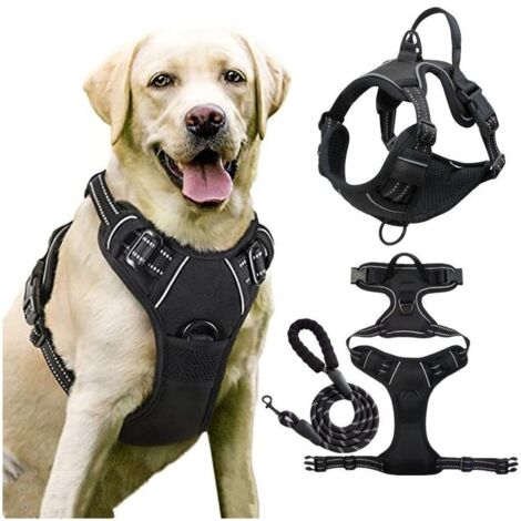 Harnais Chien Anti-Traction Réglable Réfléchissant Attache Avant Moyen Grand Taille Noir