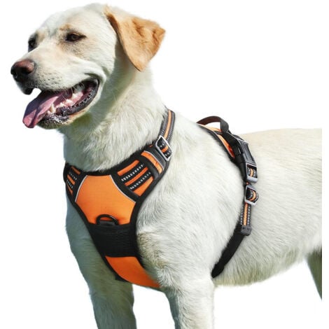 OUYLAF Harnais Chien, Harnais Anti Traction pour Chien Réfléchissant Réglable, Facile à Mettre, avec Poignée Contrôle, Arnet pour Chiens Solide Respirant, Harnet pour Chiens Moyen et Grand, Orange, L