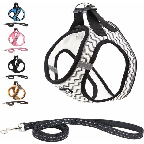 Harnais Chien Réfléchissant Respirant avec Laisse, Step-in Harnais pour Chiens Chats, Gilet Rembourré Confort Mesh Doux pour Petite Chiens pour Marcher, Courir, Formation (M, Blanc)