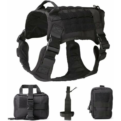 Harnais de Poitrine Gilet Tactique pour Chien, Gilet Tactique pour Chien de Service, Patrouille Militaire Imperméable à l'eau Confortable avec La Bouilloire Set Sacs à Dos, Taille M (Noir)
