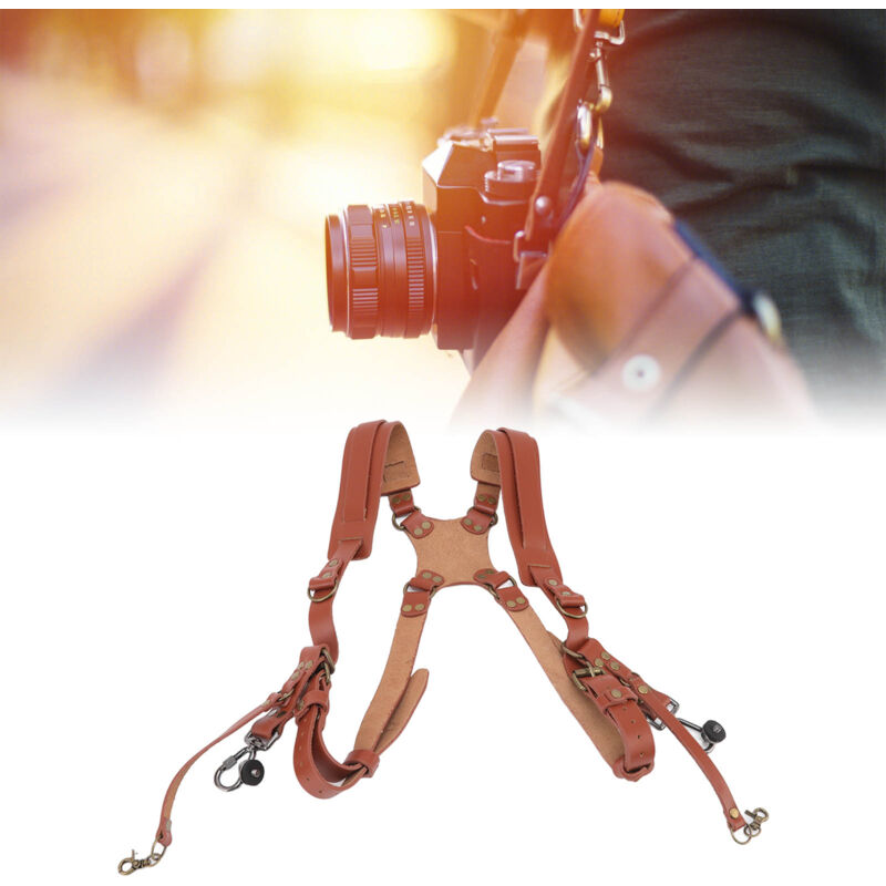 Harnais double en cuir, bandoulière confortable pour appareil photo, accessoires pour 2 appareils photo, marron
