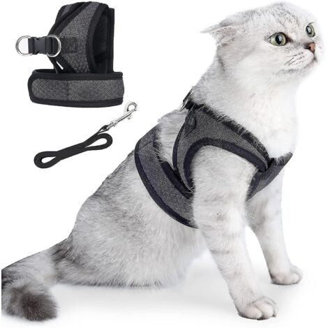 Harnais et laisse pour chat, ensemble gilet anti-fugue souple et réglable, respirant, léger et facile à contrôler pour les activités de plein air - Taille L - Noir