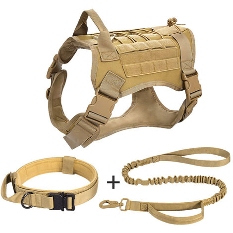 Harnais militaire pour chien avec pochette et patch, gilet tactique sans traction pour chien de grande taille, harnais pour chien de service pour l'entraînement, la randonnée - kaki, L