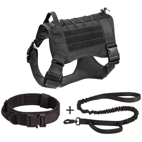 Harnais militaire pour chien avec pochette et patch, gilet tactique sans traction pour chien de grande taille, harnais pour chien de service pour l'entraînement, la randonnée - noir, XL