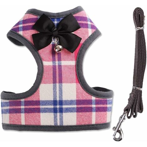 Harnais pour animal de compagnie + laisse pour animal de compagnie - Ensemble de harnais pour chiot en corde à carreaux classique pour petits chiens et grands chats (L, plaid rose)