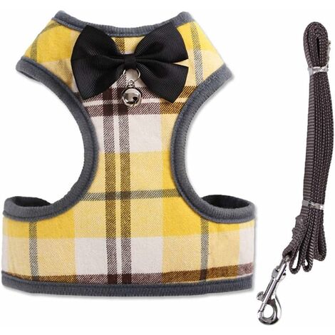 Harnais pour animal de compagnie + laisse pour animal de compagnie - Ensemble de harnais pour chiot en corde à carreaux classique pour petits chiens et grands chats (S, plaid jaune)
