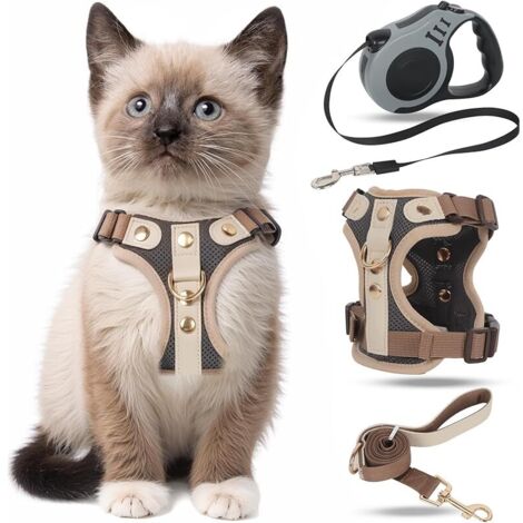 Harnais pour Chat avec Laisse Enrouleur, Anti-éclatement Harnais Chaton et 5m Laisse Chat Rétractables Kit, Réglable Filet Respirant Harnet pour Chaton, Chiot
