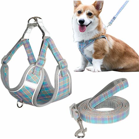 Harnais pour Chien Chats Petits Chiens de Taille Moyenne Harnais pour Chiot Doux réglable Gilet réfléchissant Harnais Rembourré Plaid Tissu Poitrine Harnais Chien Laisse Gilet