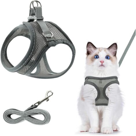 Harnais respirant pour chat - Gris réfléchissant - Réglable - Anti-éclatement - Avec laisse pour l'extérieur - Taille XS