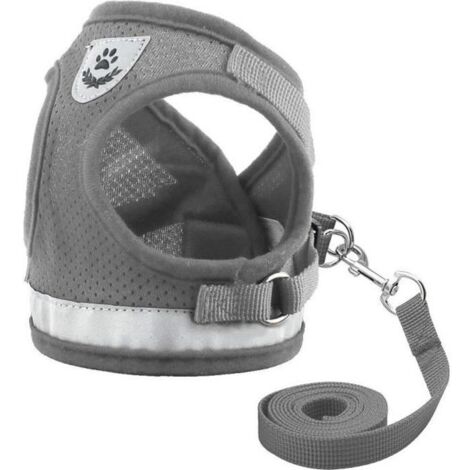 Harnais Souple Respirant Réfléchissant + Laisse pour Chien Chiot Chat Couleur Gris Taille M