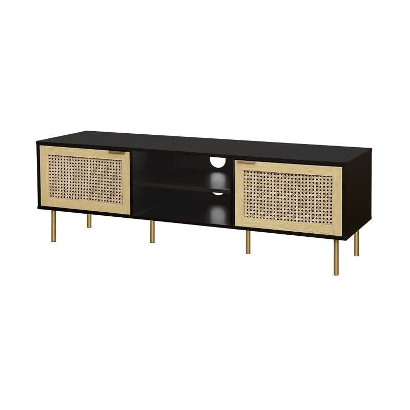 HARROD Meuble TV 2 portes - En mdf laque noir et maillage de rotin naturel