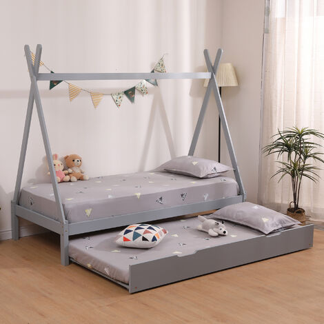 HARRY KIDS TEEPEE TENT SINGLE PINE BED WITH GUEST TRUNDLE Grey