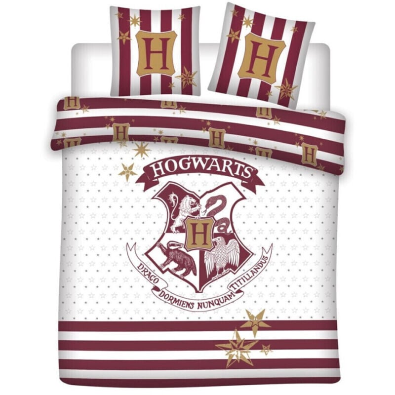 Parure de lit double réversible Harry Potter Blason Hogwarts - Blanche et Rouge - 220 cm x 240 cm