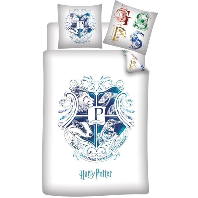 Harry Potter - Parure de lit réversible Blason Poudlard - Les 4 Maisons - Blanche et Bleue - 140 cm x 200 cm