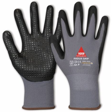 HASE SAFETY GLOVES Arbeitshandschuhe mit Noppen, Padua Grip, EN 388, EN 420, Größe 11, grau/schwarz