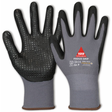 HASE SAFETY GLOVES Gants de travail avec picots, Padua Grip, EN 388, EN 420, taille 10, gris/noir