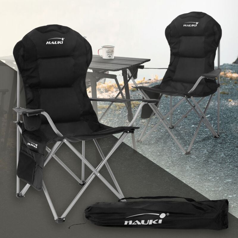 Chaise de Camping Pliable, Noir, Chaise de Pêche avec Porte-Boisson et Sac de Transport, jusqu'à 150kg, Extra Large, Chaise Longue Rembourrée,