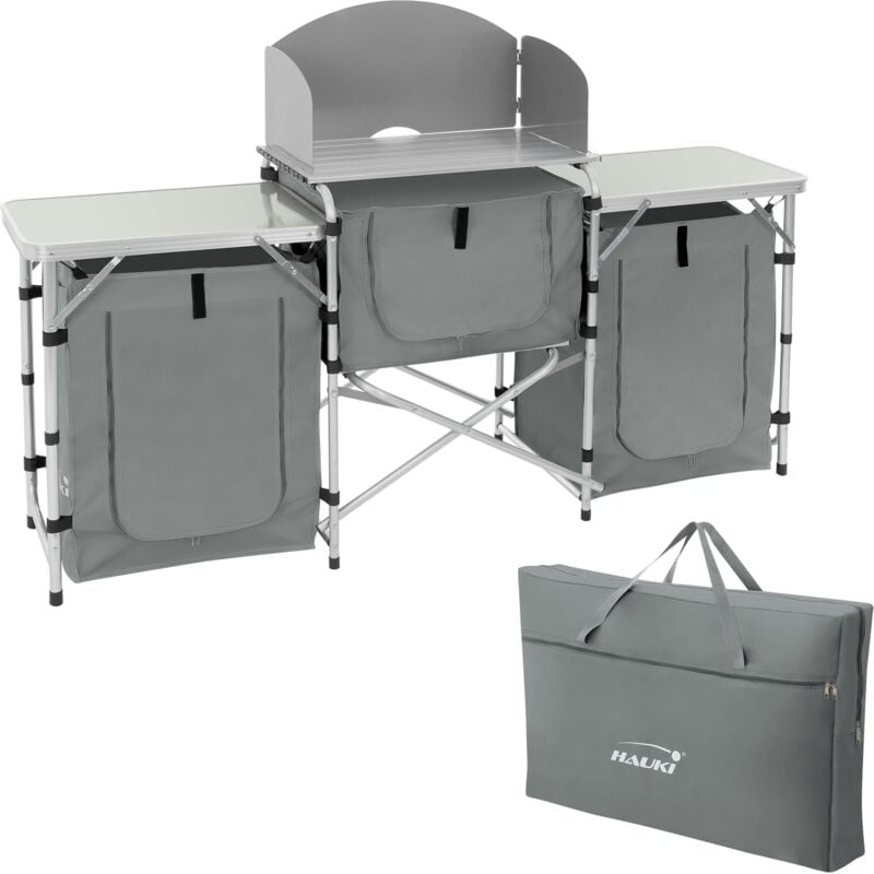 Hauki - Cuisine de Camping Pliable, avec Sac de Transport, Meuble à Étagères de Rangement, Gris, Aluminium/Tissu Oxford, avec Pare-Vent et Plan de