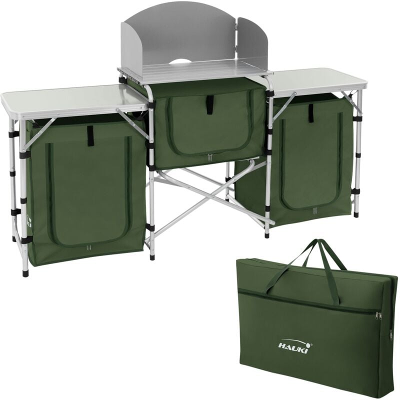 Hauki Cuisine de Camping Pliable, avec Sac de Transport, Meuble à Étagères de Rangement, Kaki, Aluminium/Tissu Oxford, avec Pare-Vent et Plan de