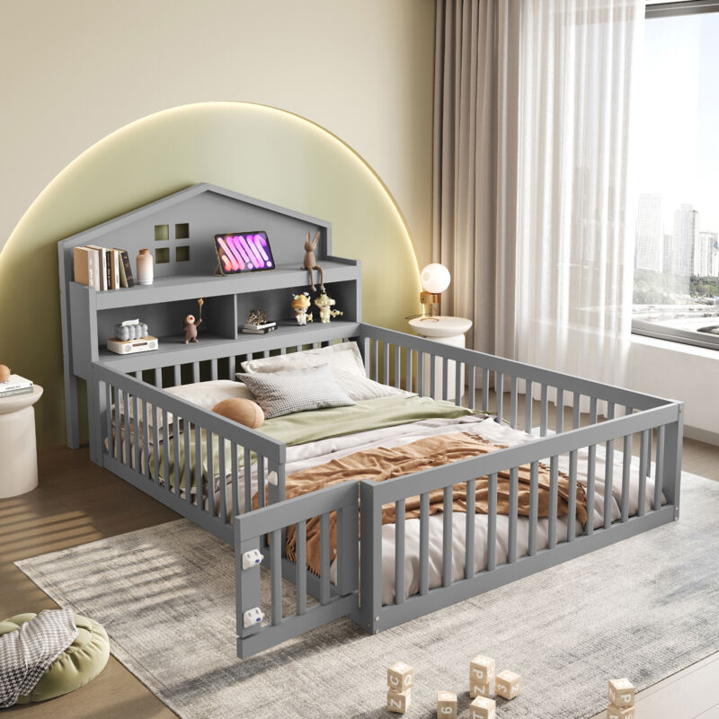 Modenvie Hausbett 140×200 Cm, Einzelbett Mit Stauraum, Regalen Und Schutzgitter Mit Tür, Ohne Matratze, Aus Massivholz, Grau