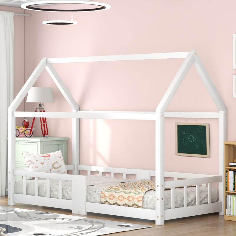 Modenvie Hausbett 90×200 Cm, Einzelbett Mit Rausfallschutz, Tafel Und 15 Latten, Ohne Matratze, Aus Massivholz, Weiß