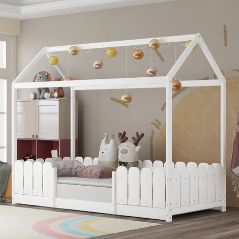 Hausbett 90x200 cm - vielseitiges Holz Kinderbett für Jungen & Mädchen - Mit Rausfallschutz und Lattenrost – Weiß (Ohne Matratze)