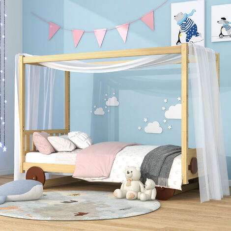 Hausbett 90x200cm, Kinderbett, Spielbett,mit MDF-Rädern, kann mit Bettvorhängen ausgestattet werden, abnehmbarer Rahmen, Rahmen aus Kiefer, natur, KINSI