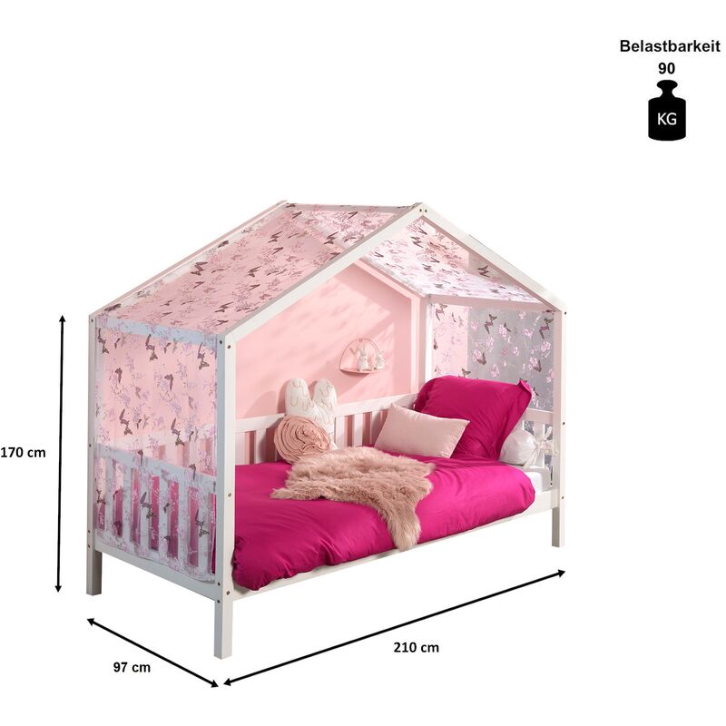 Kindermoebel-24shop - Hausbett Kedall Vipack mit Dach inklusive Rolllattenrost + Dachaufbau Kiefer massiv weiß in 90*200 c Set 2 (+ Textilhimmel)