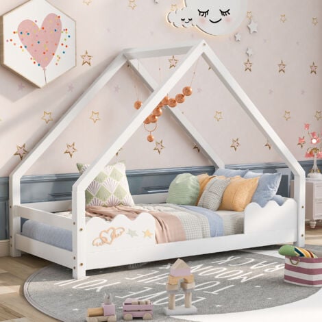 Hausbett Kinderbett 80x160cm mit Rausfallschutz，Spielbett，Jugendbett Massivholz in Weiß OKWISH