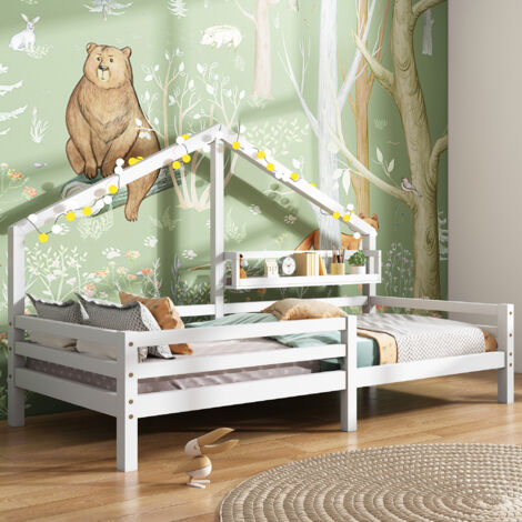 Hausbett Kinderbett mit Ablageregal und zwei großen Schubladen mit Stauraum und Kaminform 90x200 Weiß OKWISH