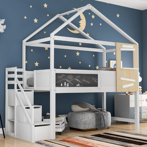 Hausbett Kinderbett mit Treppe und Fenster mit Lattenrost Treppe mit 3 Schubladen wei 200x90cm