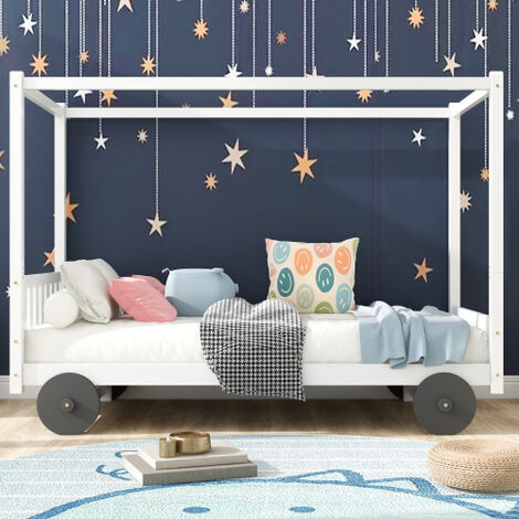 Hausbett, Kinderbett, Spielbett, Autobett, Kinderbett mit MDF-Rädern, kann mit Bettvorhängen ausgestattet werden, abnehmbarer Rahmen, Rahmen aus Kiefer, weiß (90x200cm),KINSI