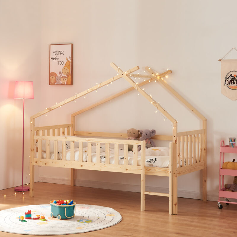 [en.casa] - Hausbett Sotkamo 90x200cm Mit Rausfallschutz Kiefernholz Natur