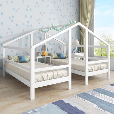 DANS LES NUAGES Hausbetten 90x200cm, mit 2 Einzelbetten, Nachttisch, Lattenrost, Kinderbett aus Holz - weiß