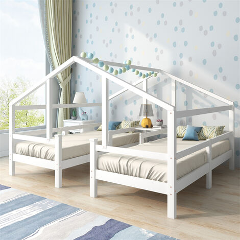 Hausbetten für 2 Kinder, zwei Einzelbetten mit Nachttisch und Lattenrost für Schlafzimmer der Kinder Jugendzimmer (Weiß/200x90cm)
