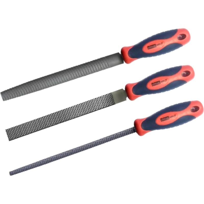 Haushalt - Jeu de limes métal, en 3 parties, 200 mm, plates, demi-rondes, rondes, avec poignée caoutchoutée ergonomique et antidérapante (