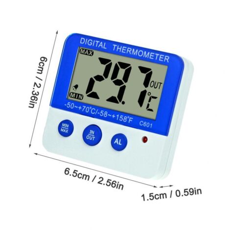 Haushaltsübliches Kühlschrankthermometer für den Innen- und Außenbereich mit Hoch- und Niedrigtemperaturalarm sowie magnetischem Frostalarm.