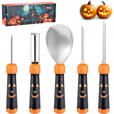 HAUSHOF Kit de Sculpture de Citrouille d'Halloween 5 Pièces, Outils Professionnels avec Cuillère, Scie, Perceuse, et Gouge à Motif, Couteaux en Acier Inoxydable pour DIY Halloween Décoration