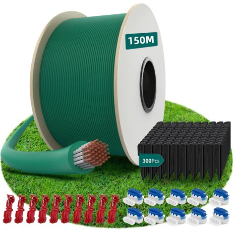 HAUSPROFI 150M Set di cavi di confine universale per robot tagliaerba – Anima in rame, 300 picchetti, 20 connettori (resistente alle intemperie, facile da installare) – Zona di sicurezza per giardi/ai