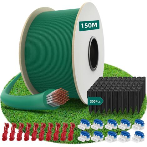 HAUSPROFI Cable Robot Tondeuse 150M + 300 Piquets + 10 Connecteurs de Câble + 10 Bornes de Connexion, Fil robot tondeuse, Câble pour robots tondeuses de Worx,Gardena,Bosch,Yard Force etc