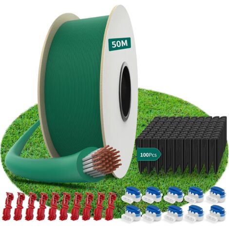 HAUSPROFI Cable Robot Tondeuse 50M + 100 Piquets + 10 Connecteurs de Câble + 10 Bornes de Connexion, Fil robot tondeuse, Câble pour robots tondeuses de Worx,Gardena,Bosch,Yard Force etc