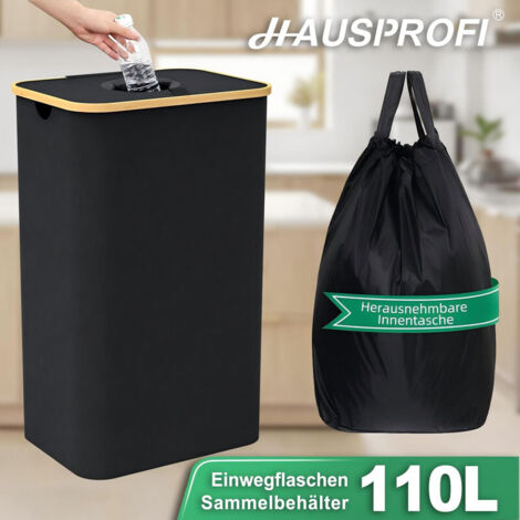 HAUSPROFI Conteneur à bouteilles consignées 110 L avec couvercle et sac de transport XXL - Conteneur de collecte de bouteilles vides pour cuisine/cave (noir)