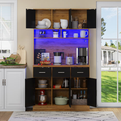 Hauss Spole – Buffet moderne 100x40x180cm – 6 portes, 3 tiroirs silencieux – Éclairage LED multicolore, prise USB intégrée – MDF noir
