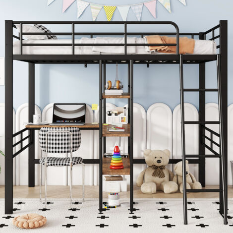 Hauss Spole – Lit mezzanine 90x200 cm en métal noir – Bureau intégré et étagères de rangement – Garde-corps sécurisé – Capacité 120 kg