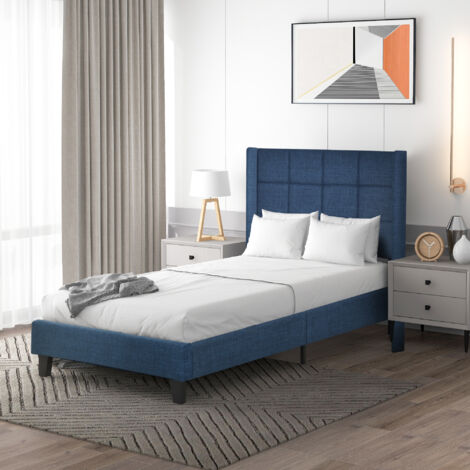 Hauss Spole – Lit simple 90x200 cm en lin bleu – Tête de lit rembourrée – Structure en bois et métal – Installation facile sans sommier